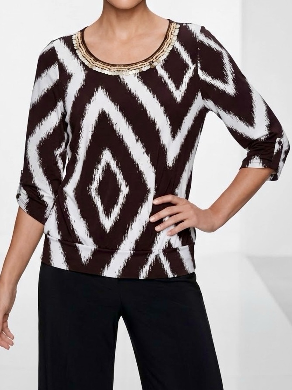 CHICO’S Travellers Brown & White Ikat Scoop-Neck Tunic Top w Beaded Trim #LHP